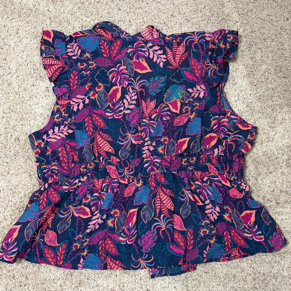 Torrid Tropical Leaf Print Ruffle Peplum Top Navy‎ Pink 4X Plus Size Blouse - Picture 8 of 8